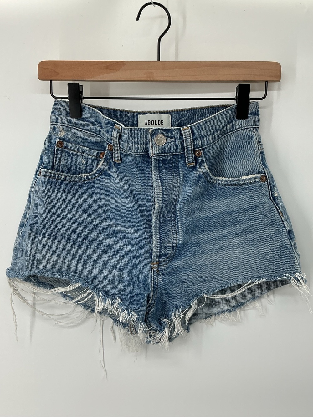 AGOLDE Ridley Denim Shorts High Rise Raw Hem Frayed Size 24